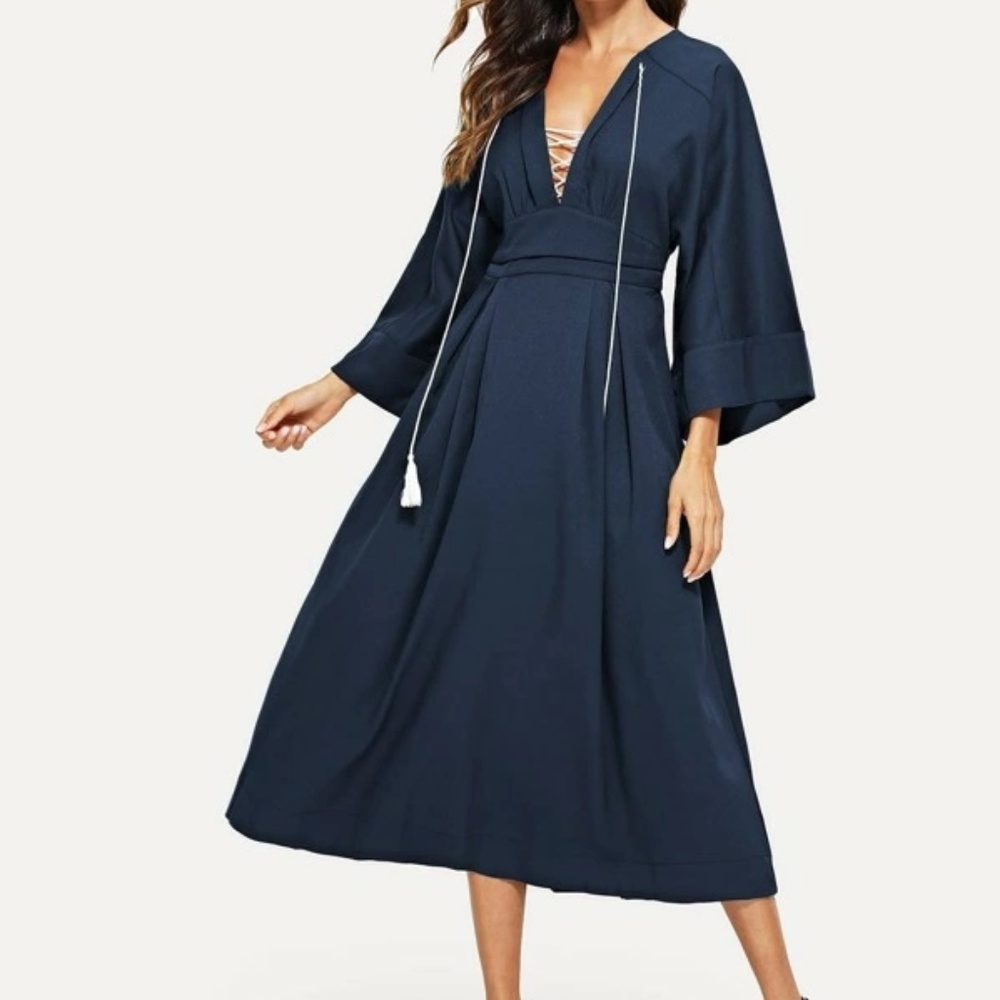 Plunging Kimono Sleeve Tassel Tie Dress